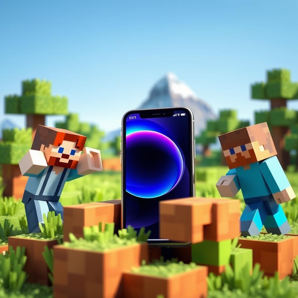 A vibrant and imaginative scene depicting an iPhone 16 placed within the blocky world of Minecraft