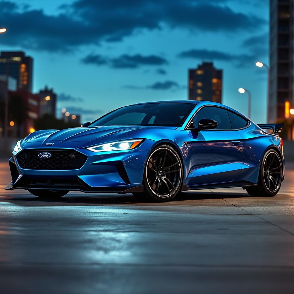 A sleek, modern interpretation of the Ford Capri, featuring wide body flares that enhance its muscular stance