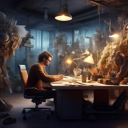 Generate a photorealistic, artistic image of a designer engrossed in their work at a desk.