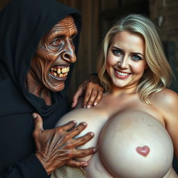 An elderly malnourished African lady with a hooded long black outfit, showcasing 150-year-old rotten teeth, intensely squeezing her hands on the breasts of a voluptuous blonde woman, who has blue eyes and a bright smile