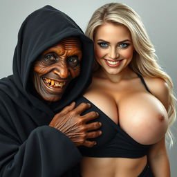 An elderly African lady in a long black hooded outfit, appearing malnourished with visible signs of age, showcasing a set of very aged, rotten teeth