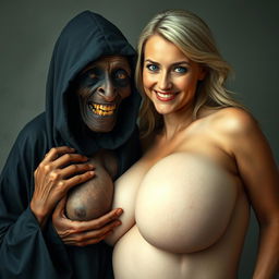 An elderly malnourished African lady dressed in a long black hooded outfit, showcasing a set of very old, rotten teeth