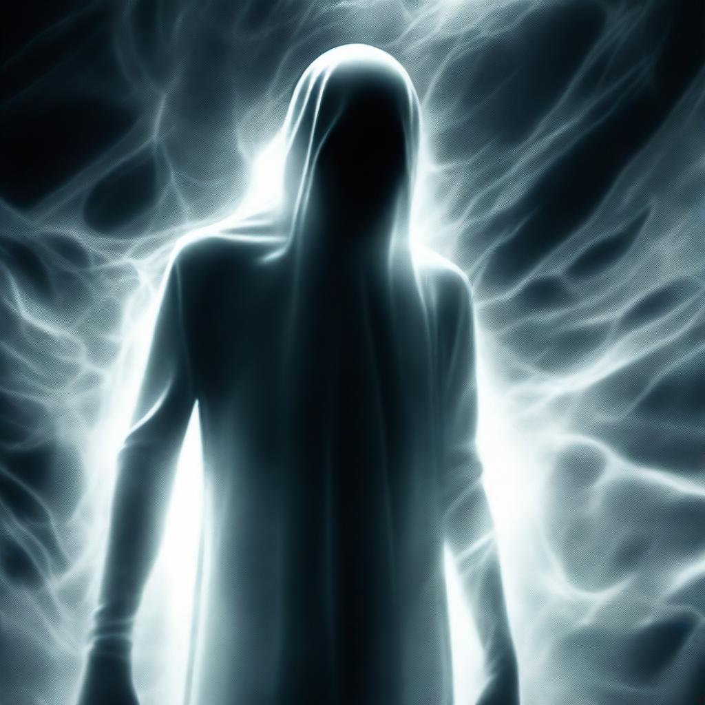 A digital art image representing a scene of horror and suspense, where a ghostly figure, ethereal and translucent, is seen consuming a human