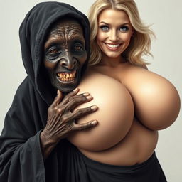 An elderly malnourished African lady dressed in a long, fully closed black outfit with a hood, showing a set of very old, rotten teeth