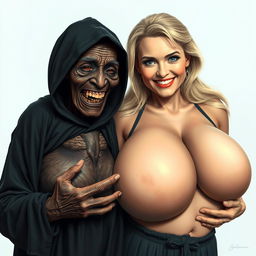 An elderly malnourished African lady dressed in a long, fully closed black outfit with a hood, showing a set of very old, rotten teeth