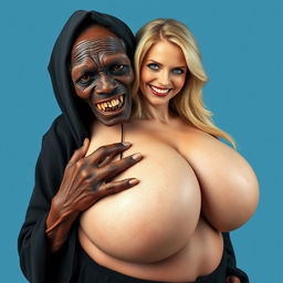 An elderly, malnourished African lady dressed in a long, fully-closed black outfit with a hood, displaying a set of extremely old, rotten teeth