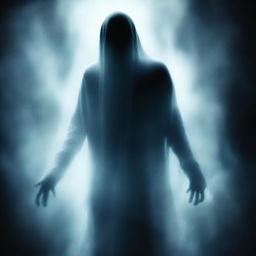 A digital art image representing a scene of horror and suspense, where a ghostly figure, ethereal and translucent, is seen consuming a human