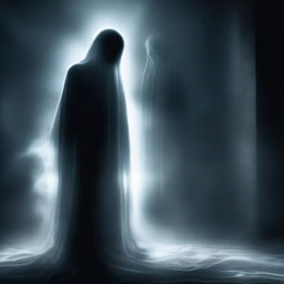 A digital art image representing a scene of horror and suspense, where a ghostly figure, ethereal and translucent, is seen consuming a human