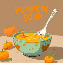 In a cartoonish scene featuring a vibrant bowl of thick pumpkin soup, small carrot boats are floating playfully on the surface