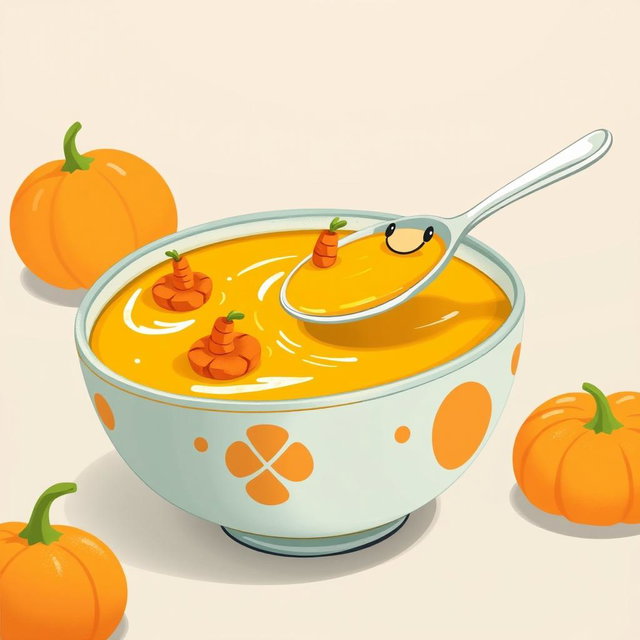 In a cartoonish scene featuring a vibrant bowl of thick pumpkin soup, small carrot boats are floating playfully on the surface