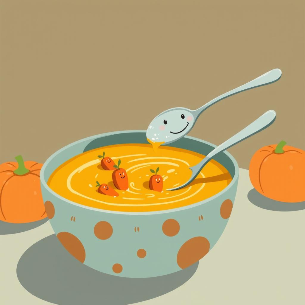 In a cartoonish scene featuring a vibrant bowl of thick pumpkin soup, small carrot boats are floating playfully on the surface
