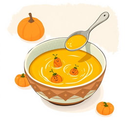 In a cartoonish scene featuring a vibrant bowl of thick pumpkin soup, small carrot boats are floating playfully on the surface