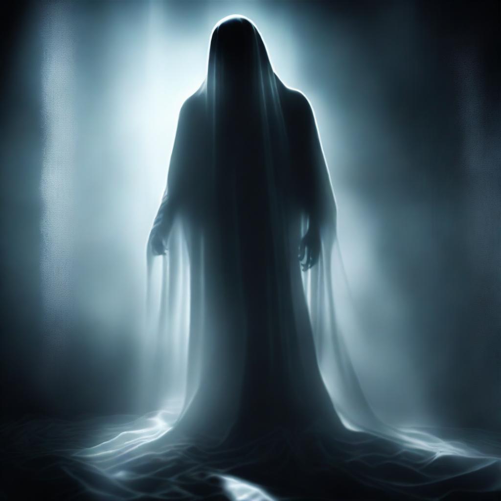 A digital art image representing a scene of horror and suspense, where a ghostly figure, ethereal and translucent, is seen consuming a human