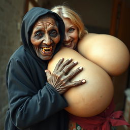 An elderly, malnourished African lady in a long, completely closed black outfit with a hood, revealing a set of very old and rotten teeth