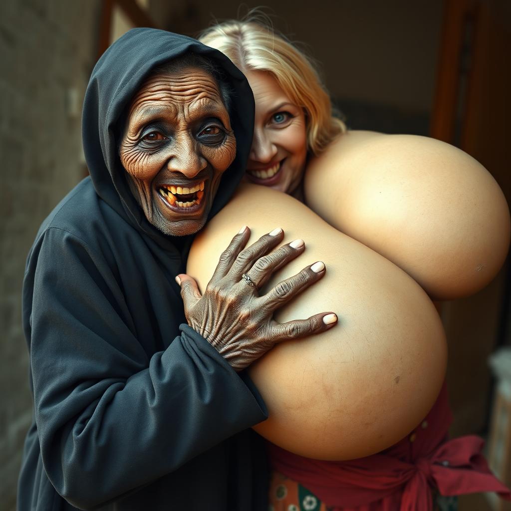 An elderly, malnourished African lady in a long, completely closed black outfit with a hood, revealing a set of very old and rotten teeth