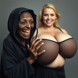 An elderly, malnourished African lady in a long, completely closed black outfit with a hood, revealing a set of very old and rotten teeth