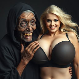 An elderly, malnourished African lady dressed in a completely closed long black outfit with a hood, exhibiting a set of very old, rotten teeth