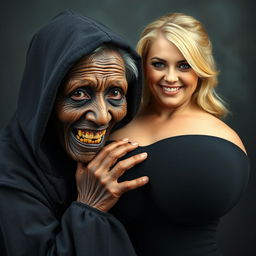 An elderly, malnourished African lady dressed in a completely closed long black outfit with a hood, exhibiting a set of very old, rotten teeth