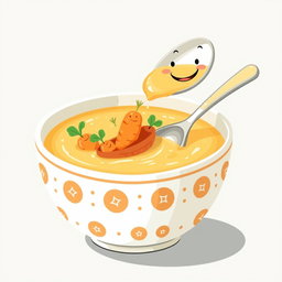 In a whimsical fairytale kitchen, a cartoon-style bowl of thick pumpkin soup features playful carrot boats floating on the surface