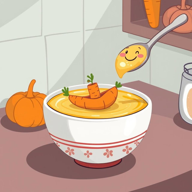 In a whimsical fairytale kitchen, a cartoon-style bowl of thick pumpkin soup features playful carrot boats floating on the surface