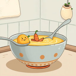 In a whimsical fairytale kitchen, a cartoon-style bowl of thick pumpkin soup features playful carrot boats floating on the surface