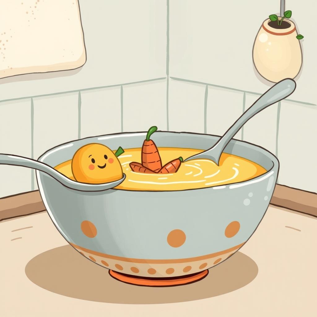 In a whimsical fairytale kitchen, a cartoon-style bowl of thick pumpkin soup features playful carrot boats floating on the surface