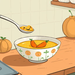 In a whimsical fairytale kitchen, a cartoon-style bowl of thick pumpkin soup features playful carrot boats floating on the surface