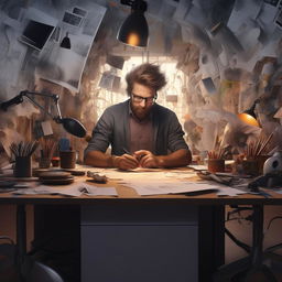 Generate a photorealistic, artistic image of a designer engrossed in their work at a desk.