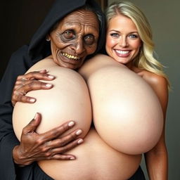 An elderly, malnourished African lady clad in a closed long black outfit with a hood, showcasing a set of very old, rotten teeth