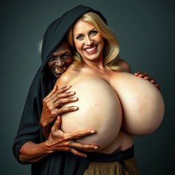 An elderly, malnourished African lady clad in a closed long black outfit with a hood, showcasing a set of very old, rotten teeth