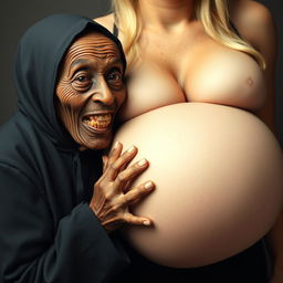 An elderly, malnourished African lady clad in a closed long black outfit with a hood, showcasing a set of very old, rotten teeth