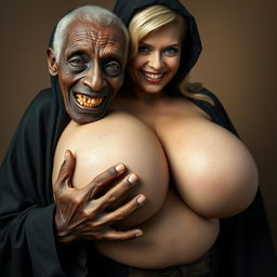 An elderly, malnourished African lady clad in a closed long black outfit with a hood, showcasing a set of very old, rotten teeth