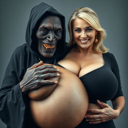 An elderly, malnourished African lady dressed in a long, completely closed black outfit with a hood, displaying a set of ancient, rotten teeth