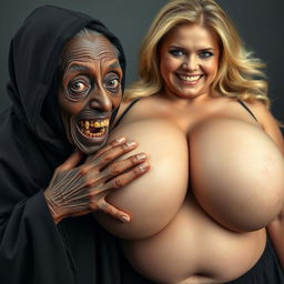 An elderly, malnourished African lady dressed in a long, completely closed black outfit with a hood, displaying a set of ancient, rotten teeth