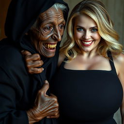 An elderly, malnourished African lady dressed in a long, completely closed black outfit with a hood, displaying a set of ancient, rotten teeth