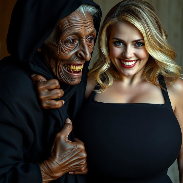 An elderly, malnourished African lady dressed in a long, completely closed black outfit with a hood, displaying a set of ancient, rotten teeth