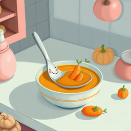 In a whimsical fairytale kitchen, rendered in soft pastel colors reminiscent of macarons, a cheerful spoon with a smiling face is inside a bowl of thick pumpkin soup