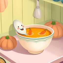 In a whimsical fairytale kitchen, rendered in soft pastel colors reminiscent of macarons, a cheerful spoon with a smiling face is inside a bowl of thick pumpkin soup