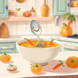 In a whimsical fairytale kitchen, rendered in soft pastel colors reminiscent of macarons, a cheerful spoon with a smiling face is inside a bowl of thick pumpkin soup