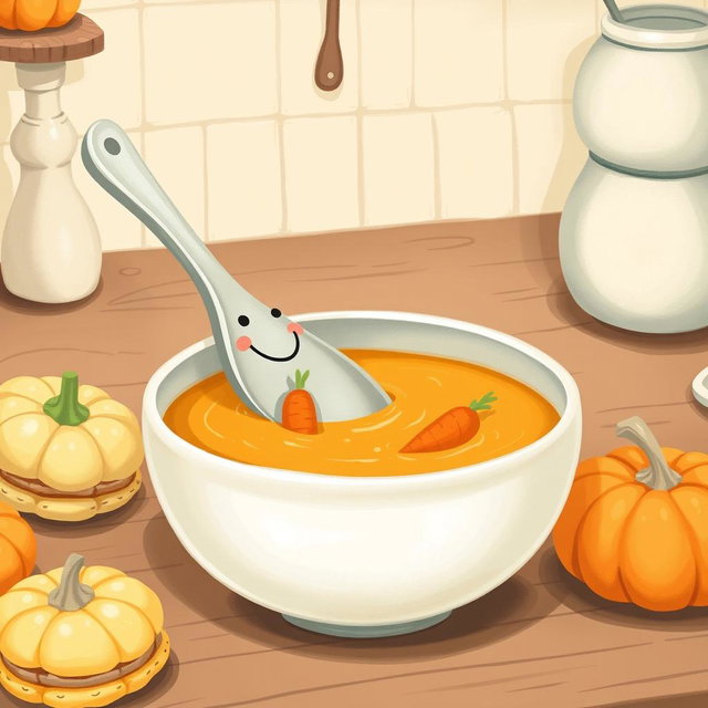 In a whimsical fairytale kitchen, rendered in soft pastel colors reminiscent of macarons, a cheerful spoon with a smiling face is inside a bowl of thick pumpkin soup