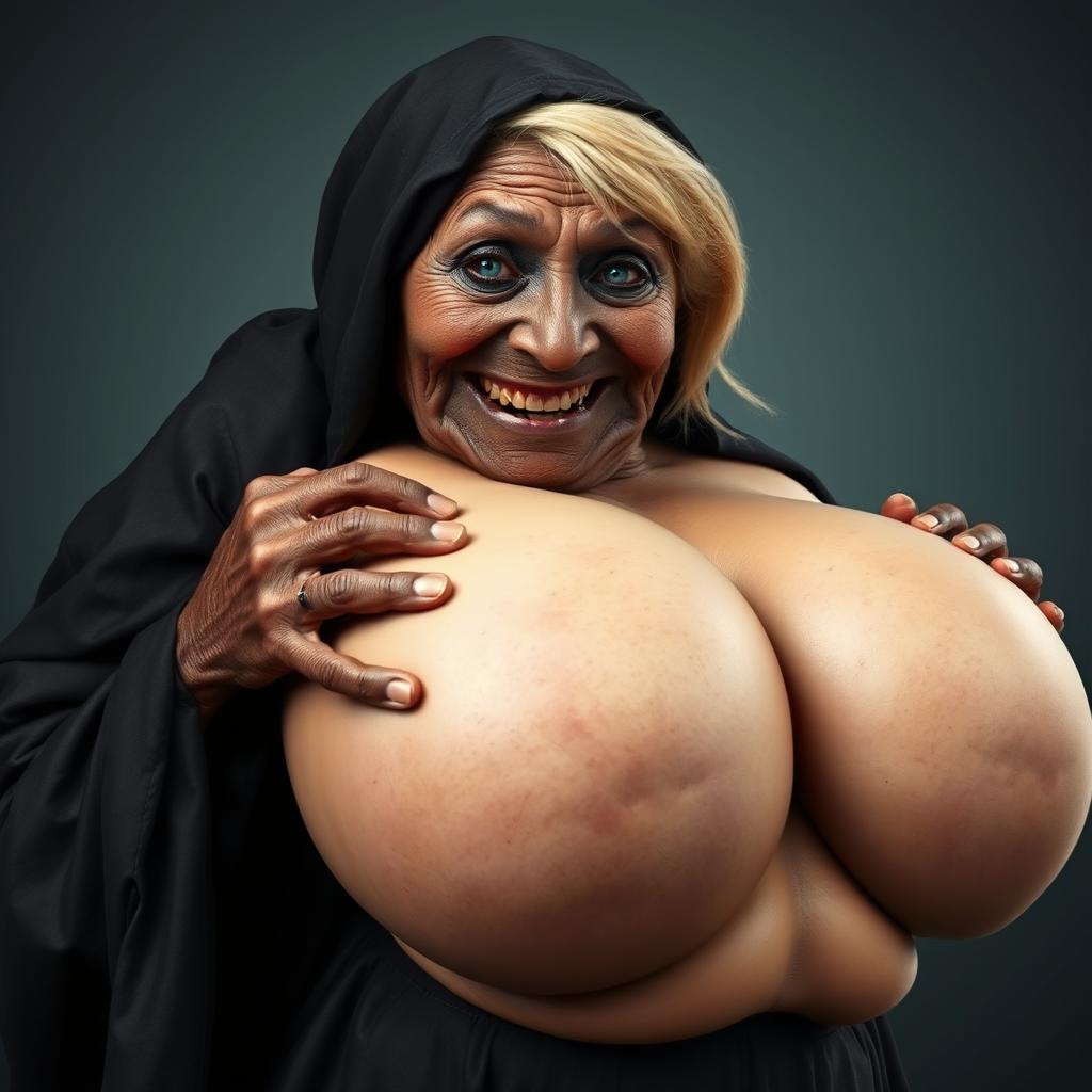 An elderly, malnourished African lady, dressed in a long, fully enclosed black outfit with a hood, revealing a set of ancient, rotting teeth
