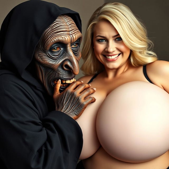 An elderly, malnourished African lady, dressed in a long, fully enclosed black outfit with a hood, revealing a set of ancient, rotting teeth