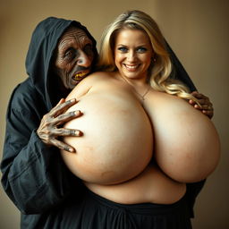 An elderly, malnourished African lady, dressed in a long, fully enclosed black outfit with a hood, revealing a set of ancient, rotting teeth