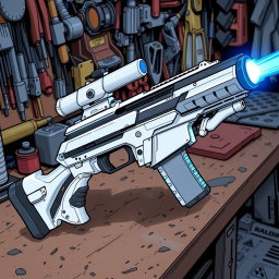 A sleek white and silver energy rifle, featuring a glowing blue emitter at the end, is placed prominently on a workbench