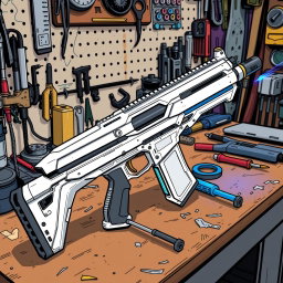 A sleek white and silver energy rifle, featuring a glowing blue emitter at the end, is placed prominently on a workbench