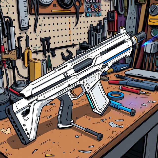 A sleek white and silver energy rifle, featuring a glowing blue emitter at the end, is placed prominently on a workbench