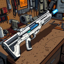 A sleek white and silver energy rifle, featuring a glowing blue emitter at the end, is placed prominently on a workbench