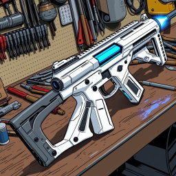 A sleek white and silver energy rifle, featuring a glowing blue emitter at the end, is placed prominently on a workbench
