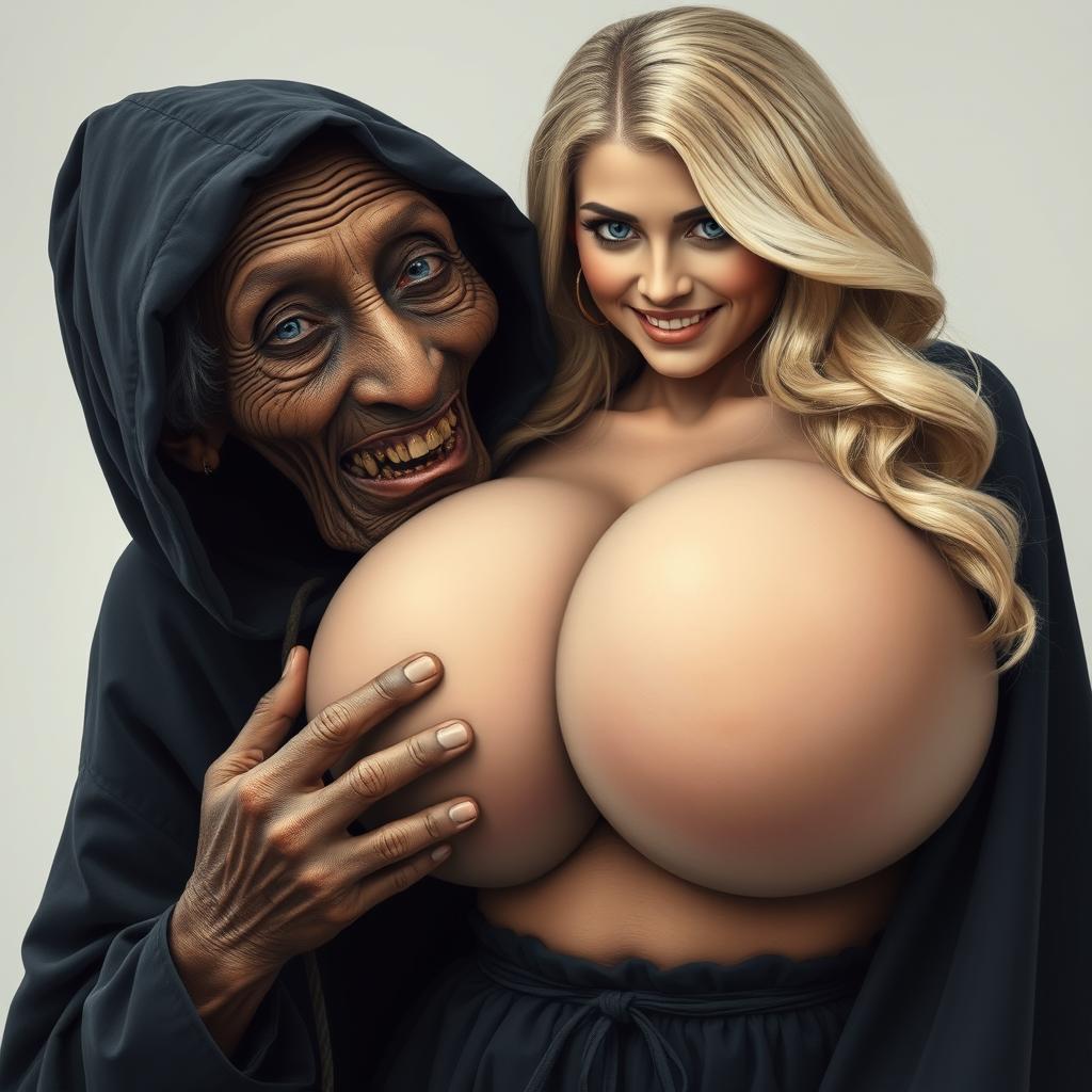 An elderly, malnourished African lady, wearing a long black outfit that is fully closed with a hood, revealing her 150-year-old rotten teeth