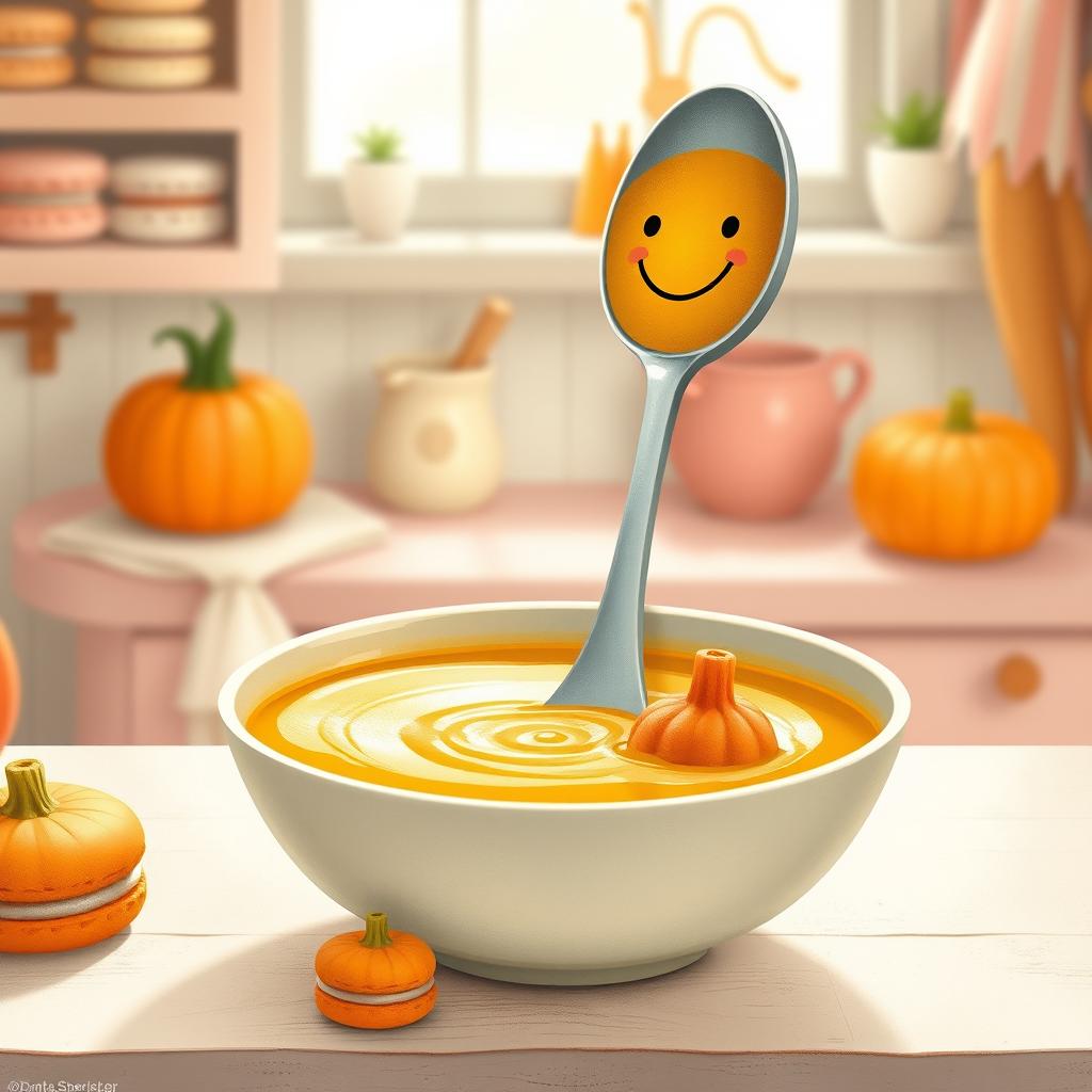 In a whimsical fairytale kitchen, depicted in soft pastel colors inspired by macarons, a cheerful spoon with a smiling face is nestled within a bowl of thick pumpkin soup
